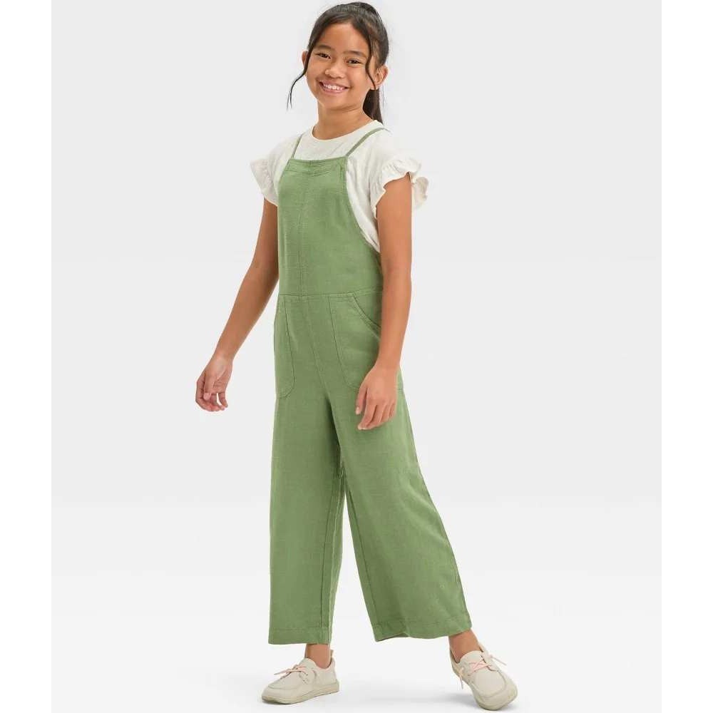 Cat & Jack Girls Toddler Olive Green Linen‎ Blend Wide Leg Overalls Jumpsuit 5T